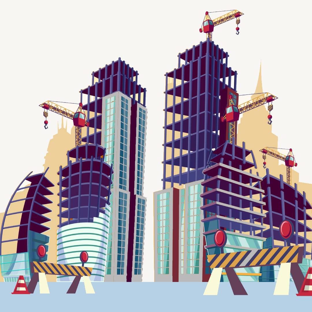 Construction scene with cranes and high-rise buildings